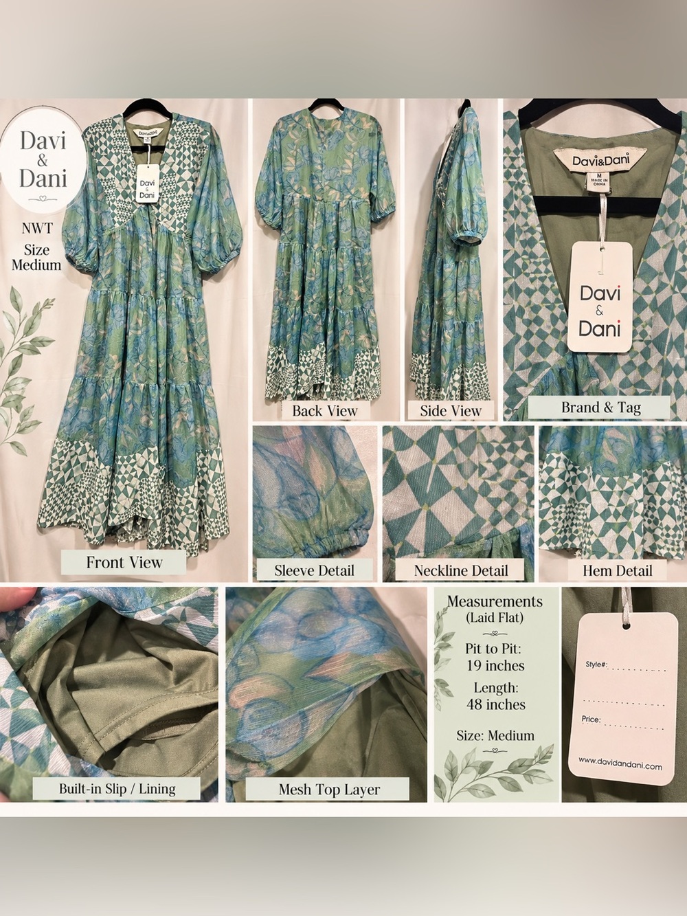 Davi & Dani NWT Blue Green Floral Tiered Maxi Dress Size Medium